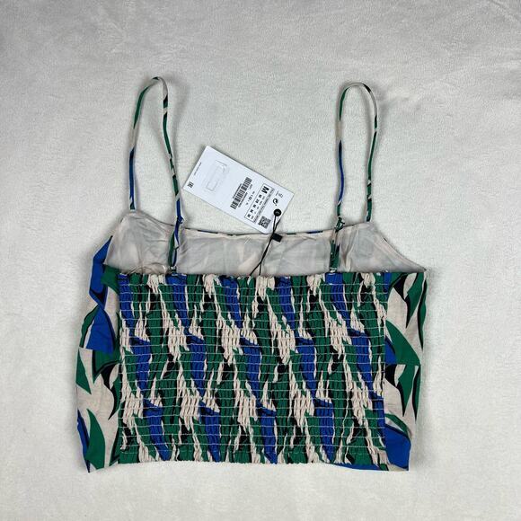 Zara Linen Spaghetti Strap Green/Blue Geometric Crop Top Shirred Back Size M - Picture 3 of 5